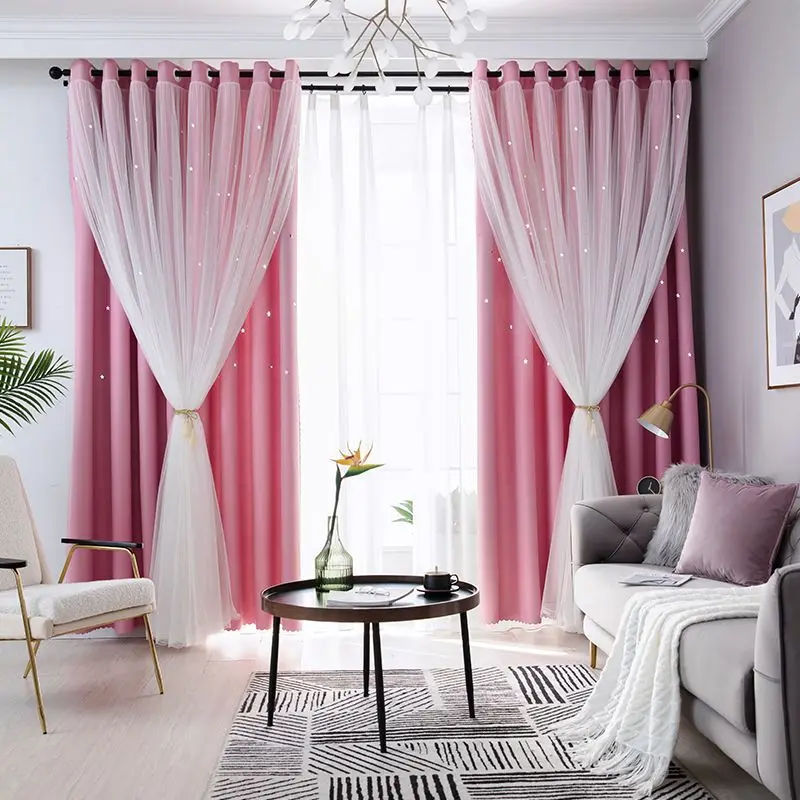 

Internet celebrity blackout curtains with hollow stars, double-layer bedroom, girly style bay window hook type