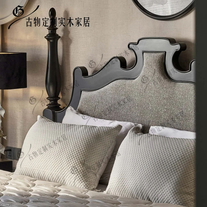 Neoclassical Roman pillar bed/retro solid wood double bed/French engraving bed/master bedroom wedding bed/princess can be custom