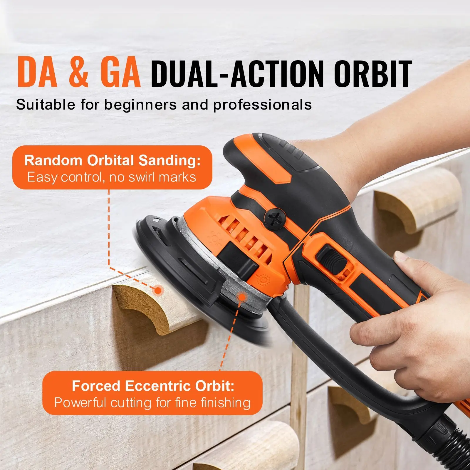 Random Orbital Sander, 6-Inch DA & GA Dual Action Orbital Sander, 850W 7400PRM 6 Variable Speed Electric Palm Sander with 10PCS