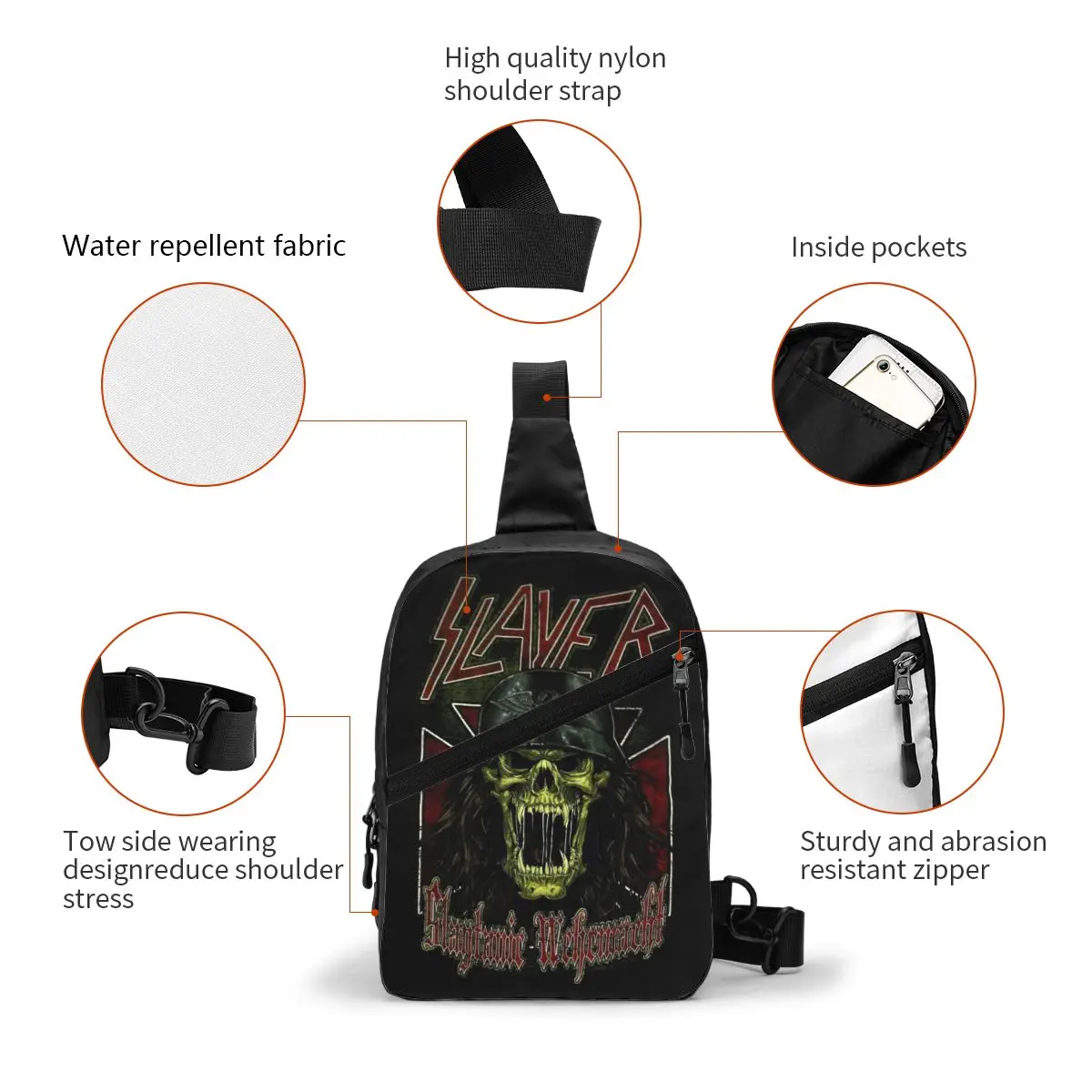 Custom Heavy Metal Rock Band Slayers Sling Chest Bag Crossbody Shoulder Backpack for Men Travel Hiking Daypack