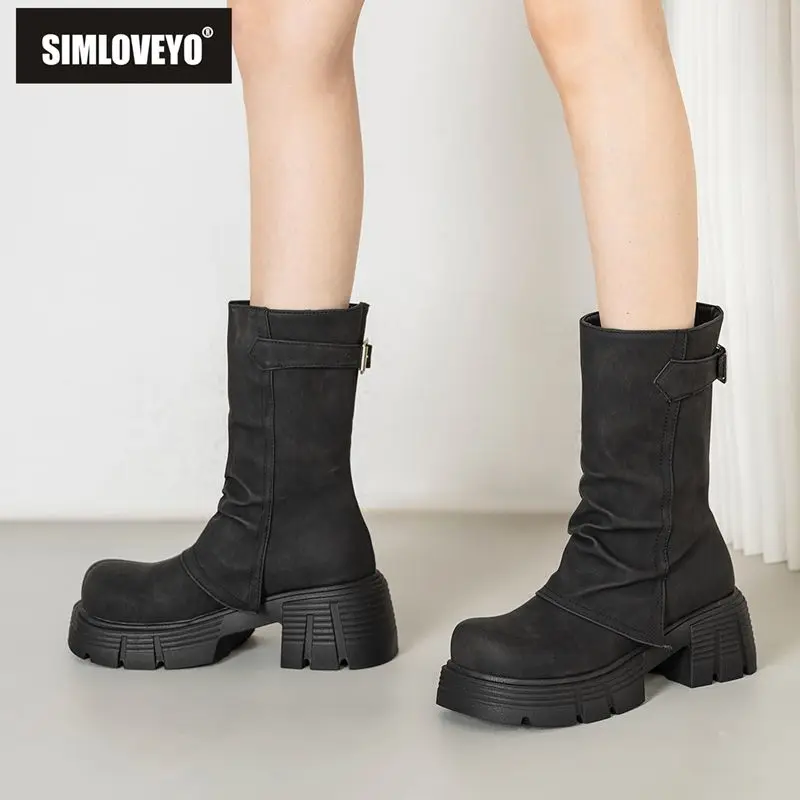 

SIMLOVEYO Brand Flock Suede Thick Bottom Slip On Belt Buckle Platform Comfort Casual Women Mid Calf Boots Round Toe 6.5cm Sale