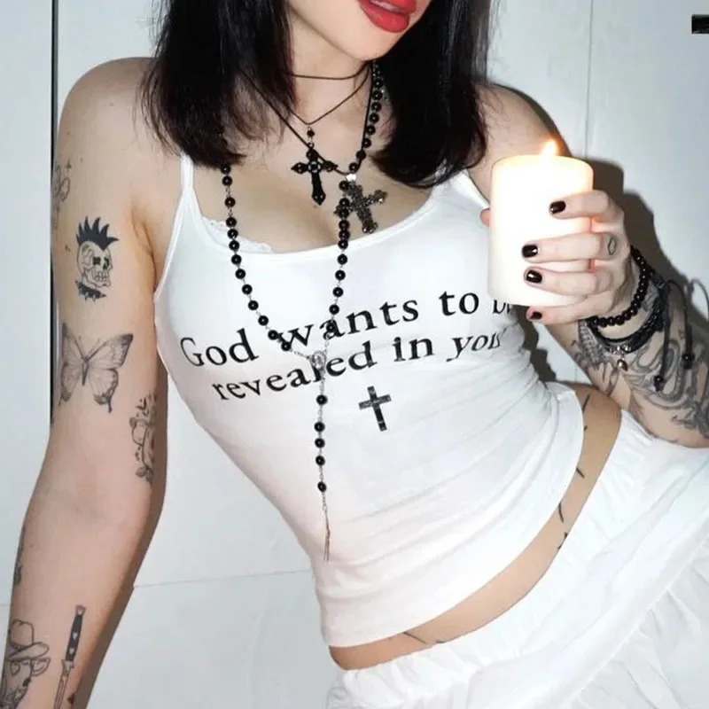 

2000s Aesthetic Goth Letter Crop Top vintage Harajuku Y2k Clothes Emo Girl Vest Baby Tees Vintage Women Sleeveless corset emo