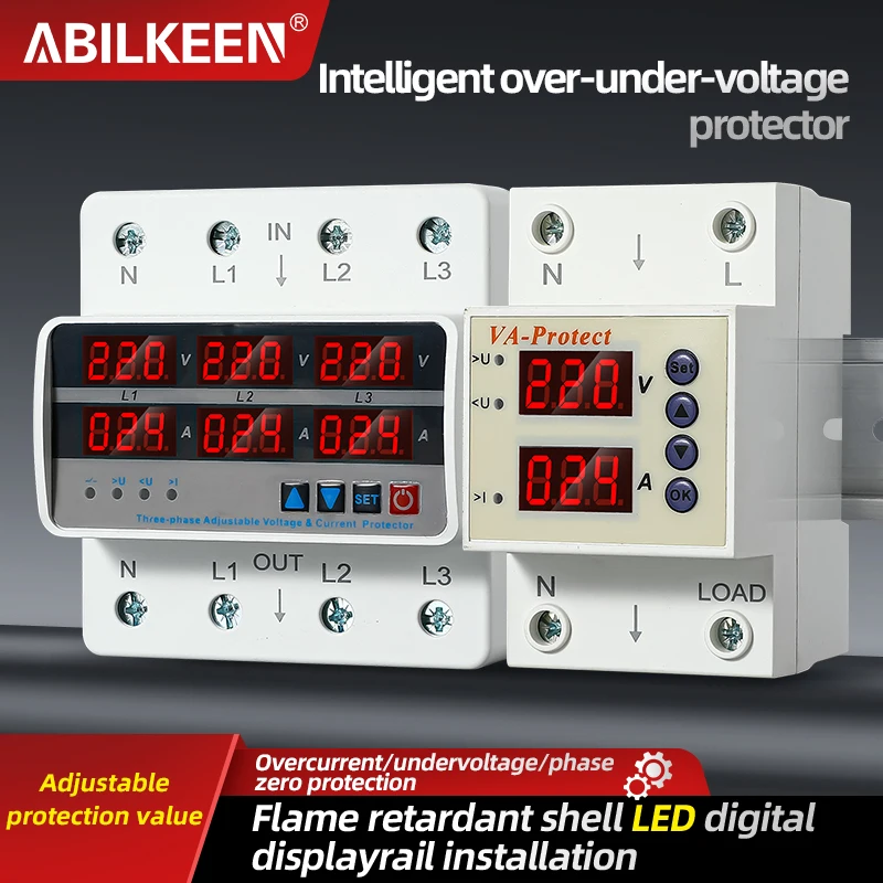 ABILKEEN Reset Type Single Phase Over/Under Voltage Protector AC220V Adjustable Over/Under Voltage and Digital Display Voltmeter