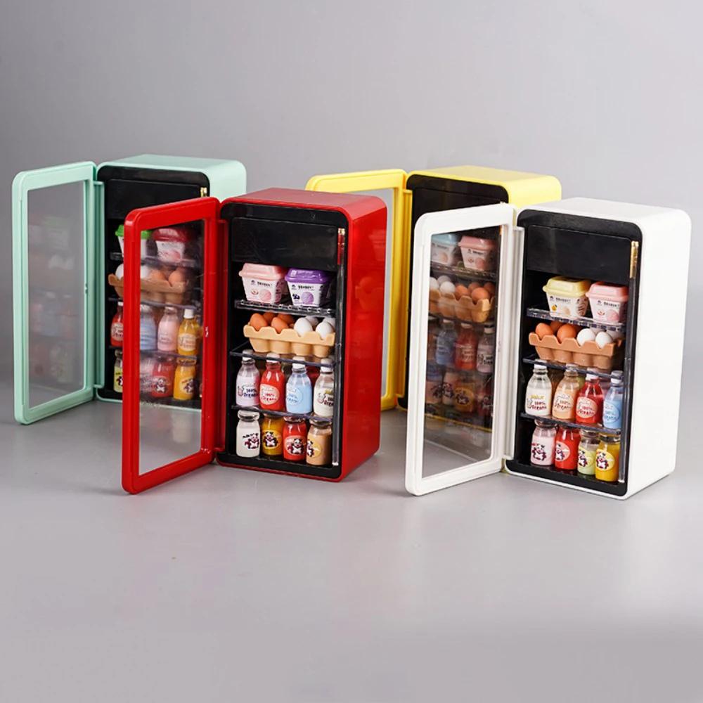 ثلاجة سوبر ماركت لبيت الدمى محاكاة 4 ألوان ثلاجة صغيرة مع ضوء 1:12 نموذج أثاث لعبة مطبخ مصغرة