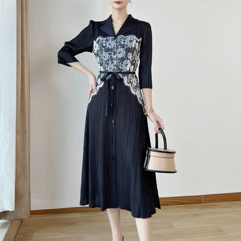 

YUDX Miyake Straight Fashions Design Pleated Women's Dresses 2025 Summer Elastic Slim Single Breasted Round Neck Chic Clothing