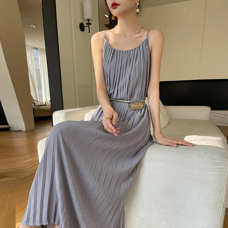 Verão novo dobrado strapl cetim sentir longo dr feminino camada de base emagrecimento na altura do joelho a linha vestido commute cintura alta