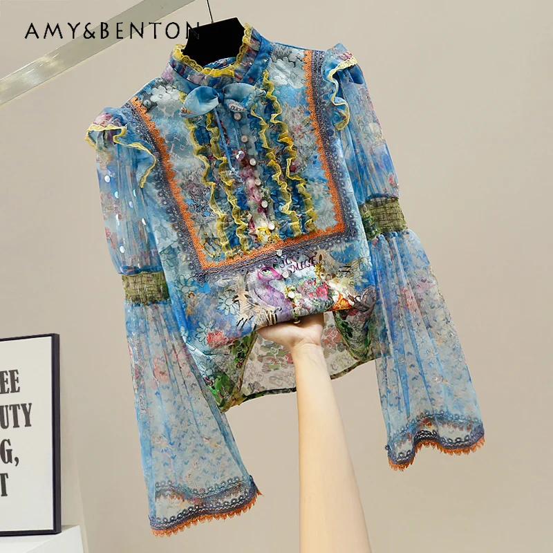 

Retro Court Sweet Fungus Splicing Blouse New Stand-up Collar Horn Sleeve Bow Decoration Single-breasted Printed Blouse Ladies