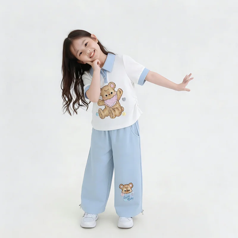 

New girls' outfit2026Summer Cartoon Print Short SleeveTT-shirt and long pants casual two-piece set for girls