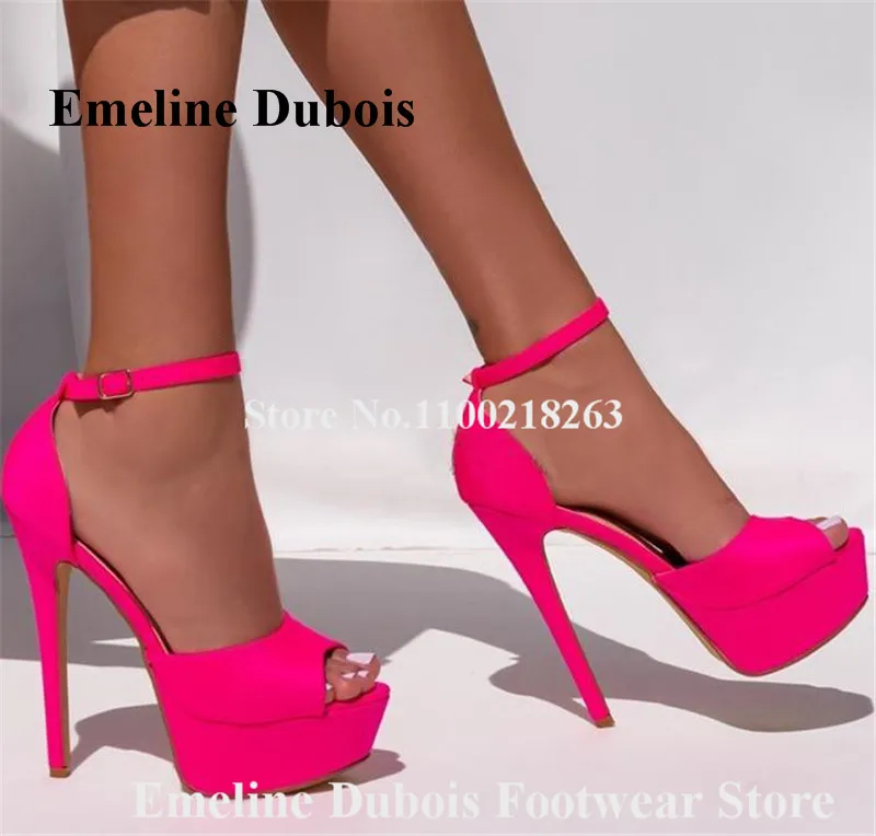 Rose Pink Platform Sandals Emeline Dubois Peep Toe Suede Leather Stiletto Heel Dress Shoes Neon Yellow Ankle Strap High Heels