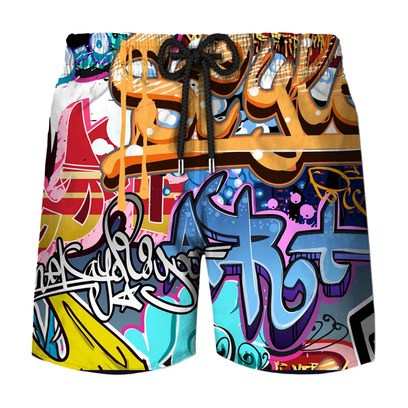 Abstract Street Graffiti Graphic Shorts Pants 3D Printing Hip Hop y2k Board Shorts Sumemr Hawaii Swimsuit Cool Surf Swim Trunks