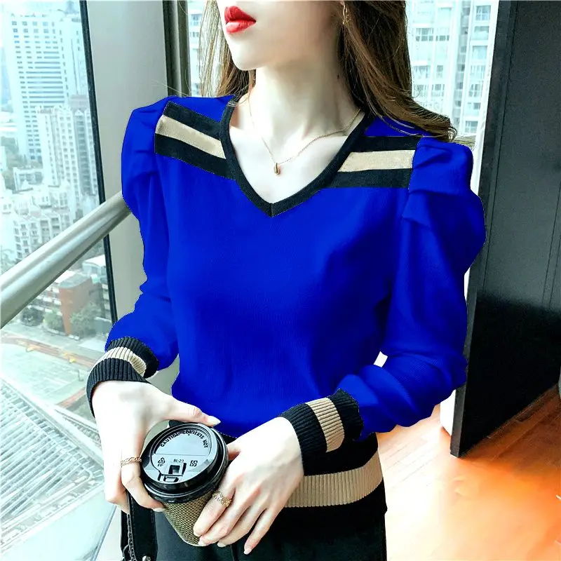 Fashion V-Neck Spliced Knitted Puff Sleeve Blouses Women\'s Clothing 2023 Autumn Winter New Loose Casual Tops All-match Shirts