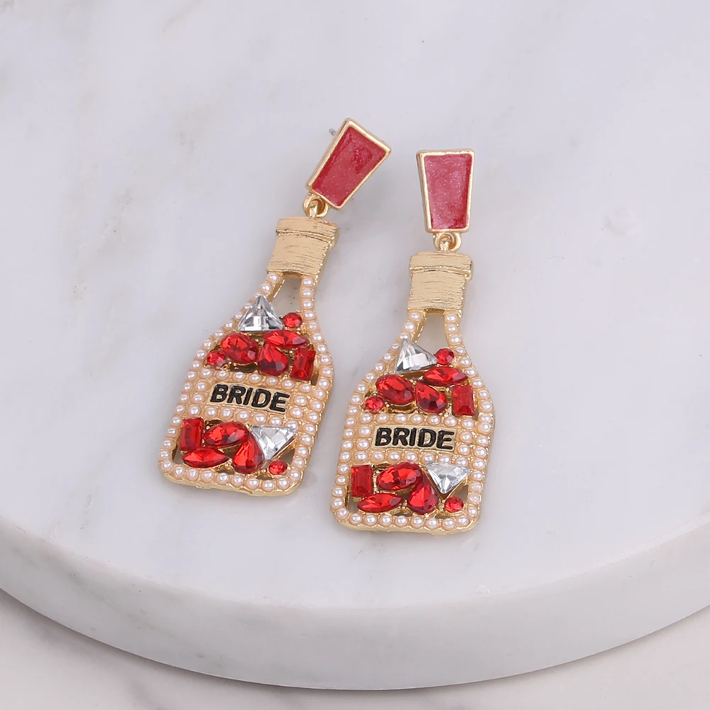 Champagne Bottle Women Earrings Statement New Design BRIDE Letter Drip Oil Dangle Earrings For Women Fashion Jewelry Wholesale
