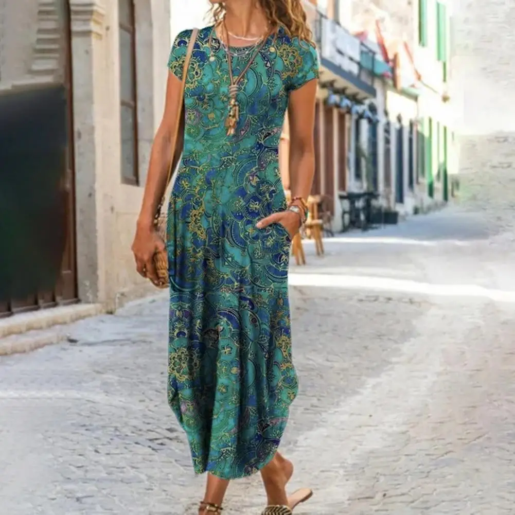 Vintage Floral Print maxi dress Round Neck Short Sleeve Irregular Hem Summer Dress Pocket Holiday Vacation Beach Long Dress