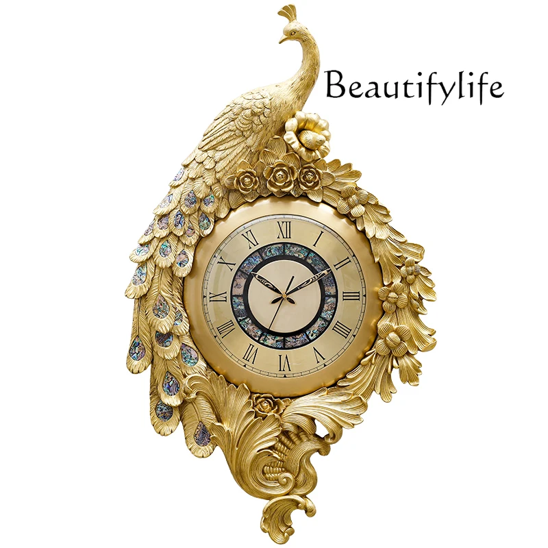 Brass Peacock Villa Wall Clock European Entry Lux Home Living Room Clock Pure Art Brass Clock