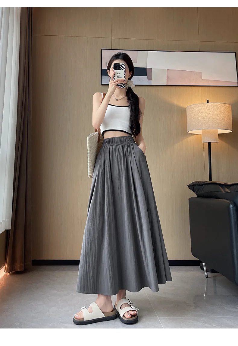 

Chic All-match Fashion Korean Style Vacation Tender Elegant Daily Vintage Maxi Skirts Women Loose Streetwear Summer Girl Solid