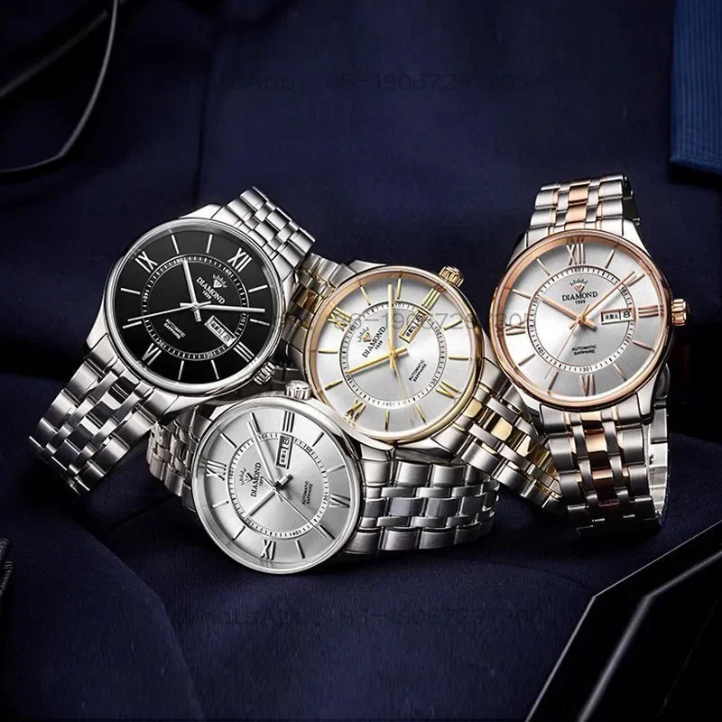 

Shanghai Diamond Brand Watch Men's Business Fully Automatic Mechanical Watch Double Calendar Simple Dial Waterproof Premium