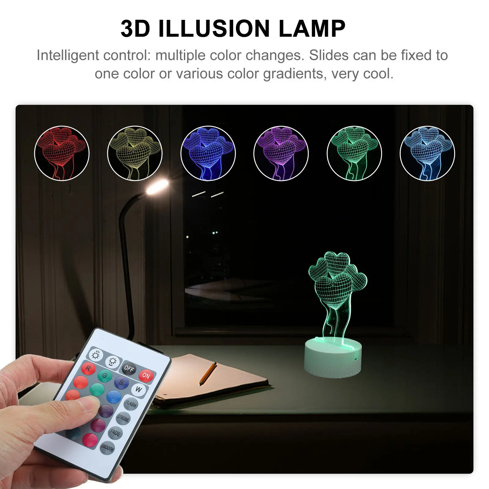 1Set Heart Balloon 3D Stereoscopic Night Light Lamp Color Changing Remote Control Decorative Lamp for Bedroom Living Room Desk