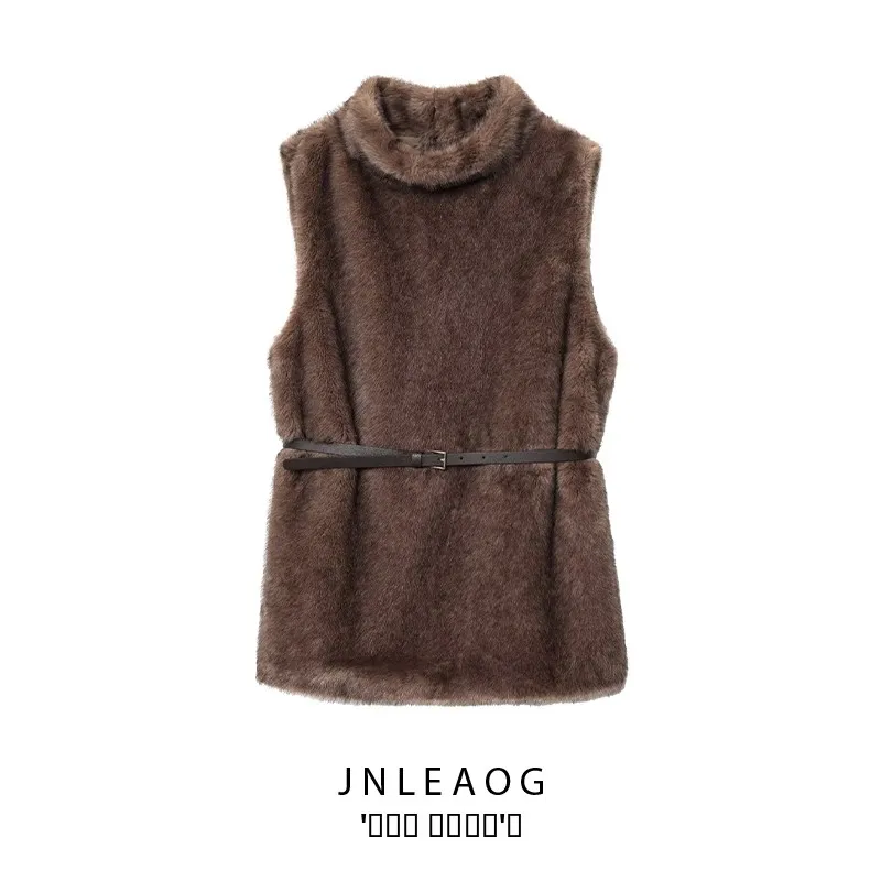 

JNLEAOG, осенний новый женский модный топ с высоким воротником и поясом, круглый жилет из полиэфирного волокна Old Money Sle