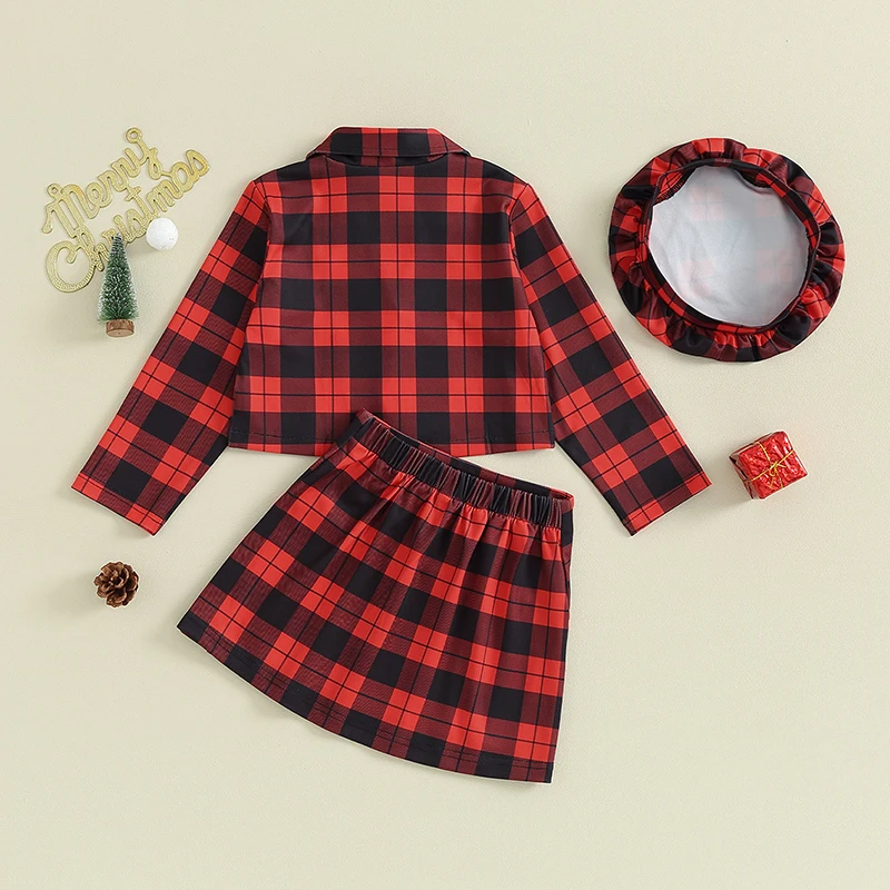 Kids Girl Christmas Outfit Plaid Turn Down Collar Long Sleeve Coat Mini Pleated Skirts Beret Cap 3Pcs Children Clothes Set