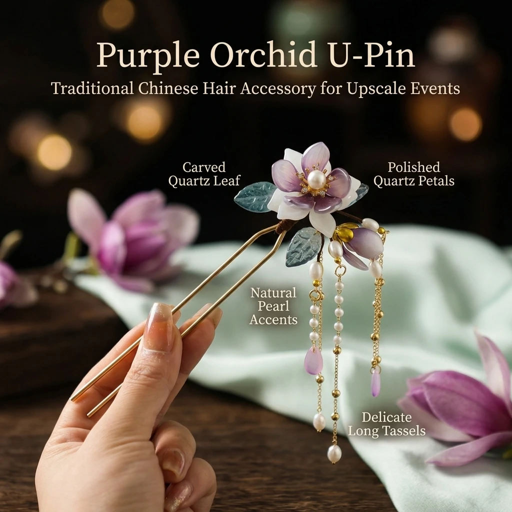 Pasador de Pelo en Forma de U de Aleación con Decoración de Flor de Orquídea, Liso y Pulido a Mano, para Peinados de Hanfu, Qipao, Bodas y Festivales para Mujeres