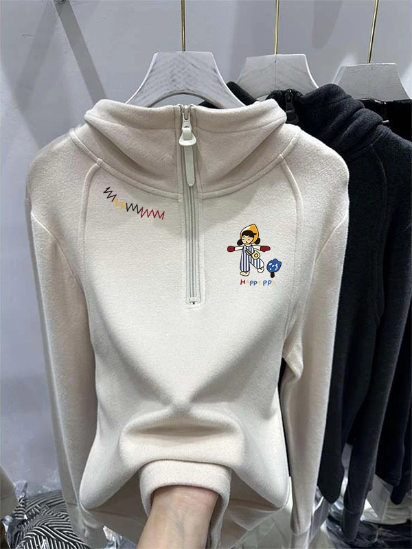 Deep ey Dubbelzijdige Fce Hoodie Dames Herfst Winter Casual Design Cartoon f Zip Base irt Top Loose Fit Polyester