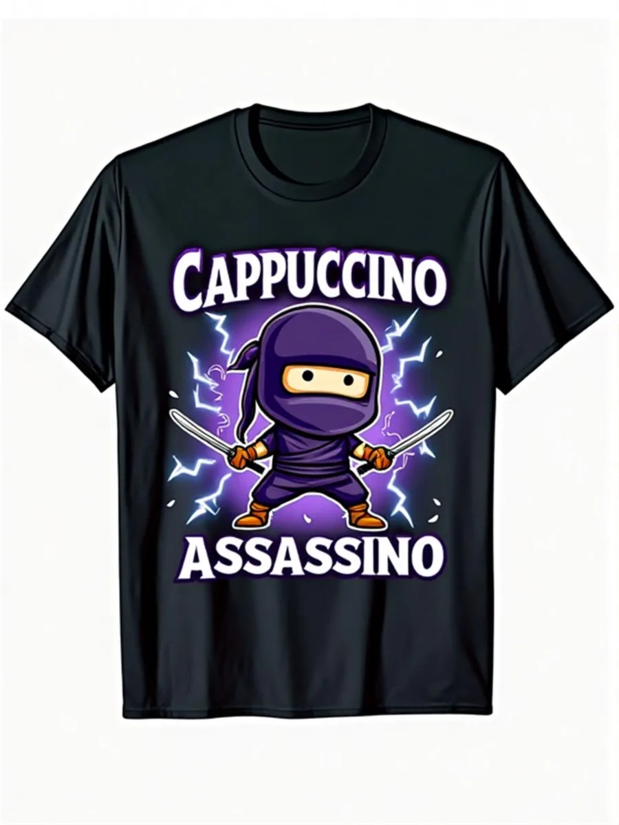 تي شيرت كابتشينو قاتل الإيطالي Brainrot ميمي للرجال والنساء 100% قطن تي شيرت بأكمام قصيرة 0810-3 #1
