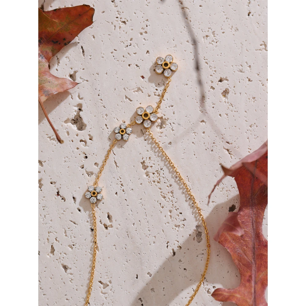 Yhpup Delicate Shiny Cubic Zirconia Flower Chic Chain Drop Golden Necklace for Women Stainless Steel High-Grade Collar Jewelry