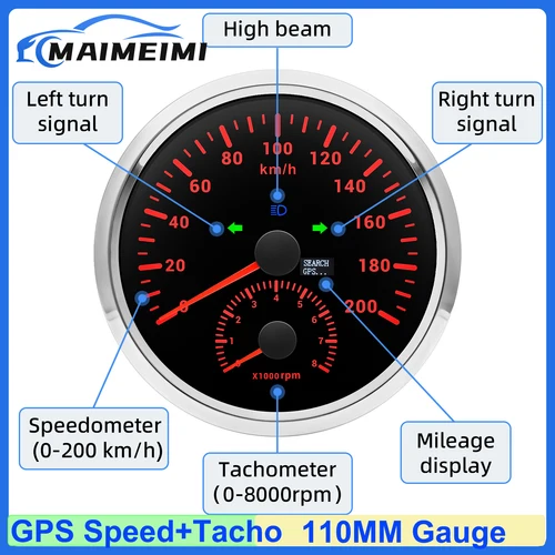 Medidor 2 en 1 de 110mm, 120KMH,200KMH, velocímetro GPS + tacómetro, luz de giro de 0 ~ 8000RPM con antena GPS, kilometraje, coche, barco personalizado