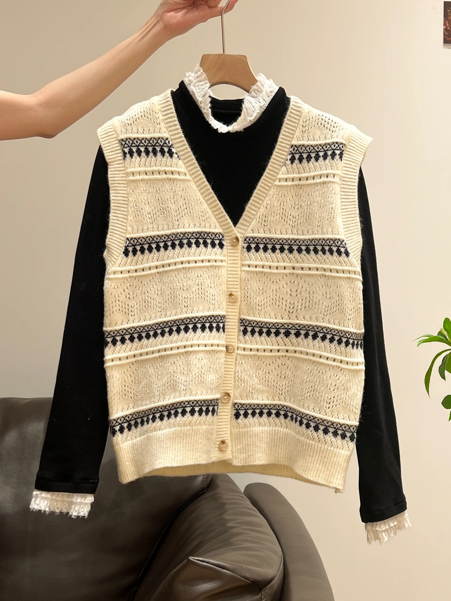 レディースニットロングスリーブベストトップセット秋冬アウターカーディガンレーストリムベースirtインナーウェア通勤sle