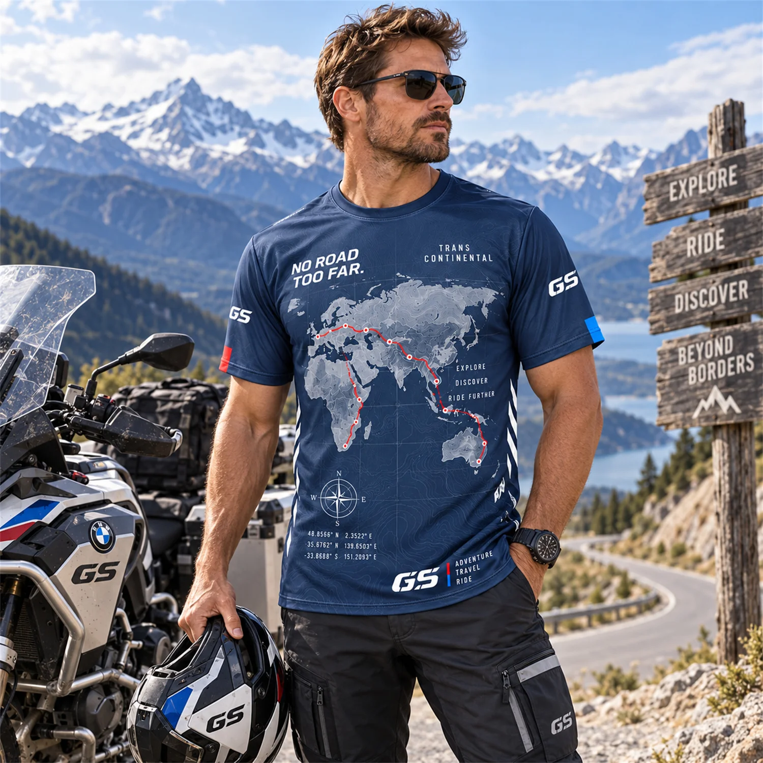GS Motorrad Motorcycle T Shirt World Map Adventure Graphic Print Short Sleeve Riding Jersey Unisex Biker Travel Tee