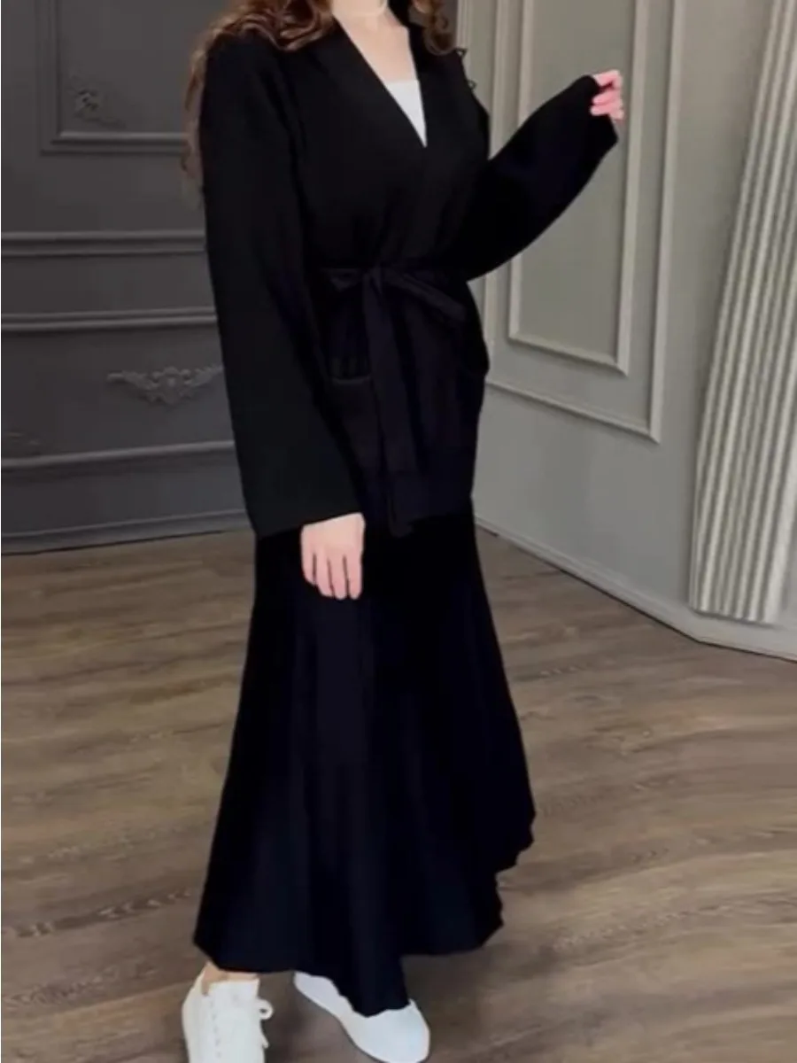 Women Two Piece Set Muslim Autumn Knit Lace-shirt Shirt Skirt Suits Ramadan Morocco Dubai Abayas Islam Outfits Jalabiya Ensemble