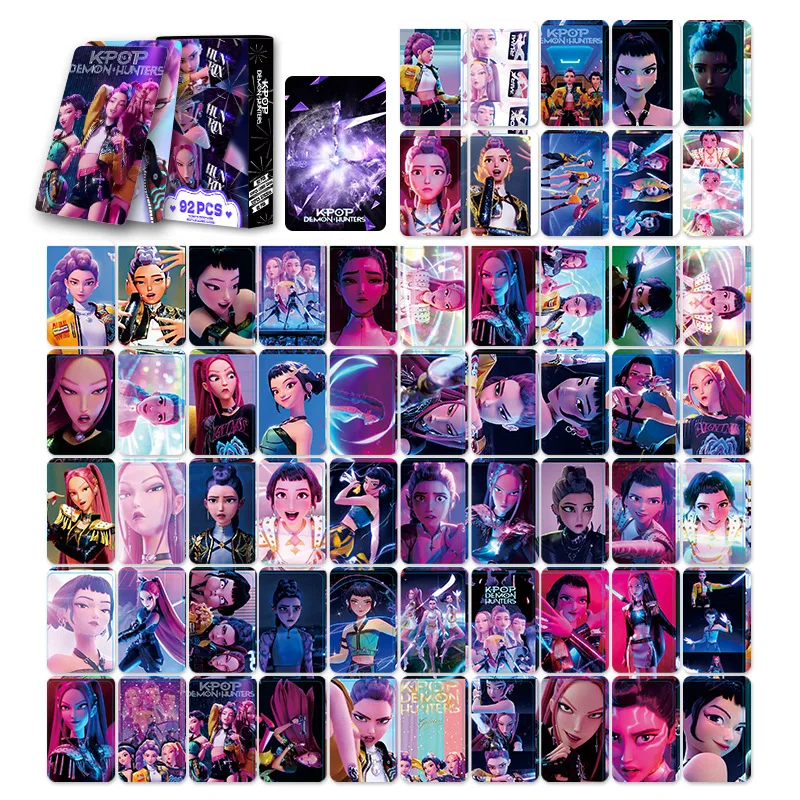 92 Uds. Tarjeta láser de Anime Kpop Demon Hunters, tarjetas coleccionables de moda de doble cara para estudiantes, animación de dibujos animados, regalos circundantes para niños