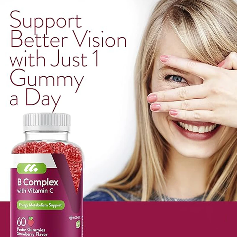 Adult vitamin B complex gummies contain vitamins C, B6, B12, niacinamide, folate, biotin, calcium vegan, and gluten free