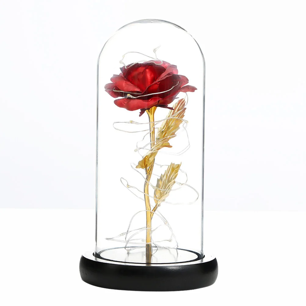 

Glass Dome Flower Lamp Simulation Gold Foil Rose Light Romantic LED Decor Gift for Wedding (Red Rose)