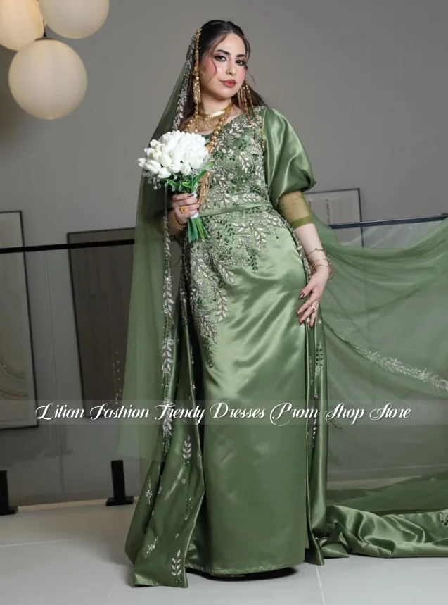 Customized Sage Green Arabic Bridal Mermaid Gown Puff Sleeve Silver Leaf Embroidery Walima Wedding Party Dress Henna Night 2026