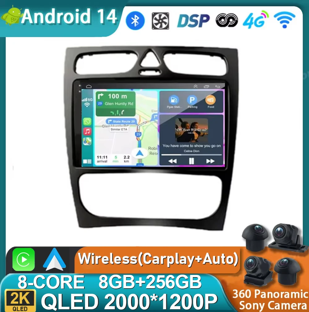 Radio mobil Android 14 untuk Mercedes Benz c-class W203 C200 C320 C350 CLK W209 2002 2005 navigasi GPS pemutar Multimedia Stereo