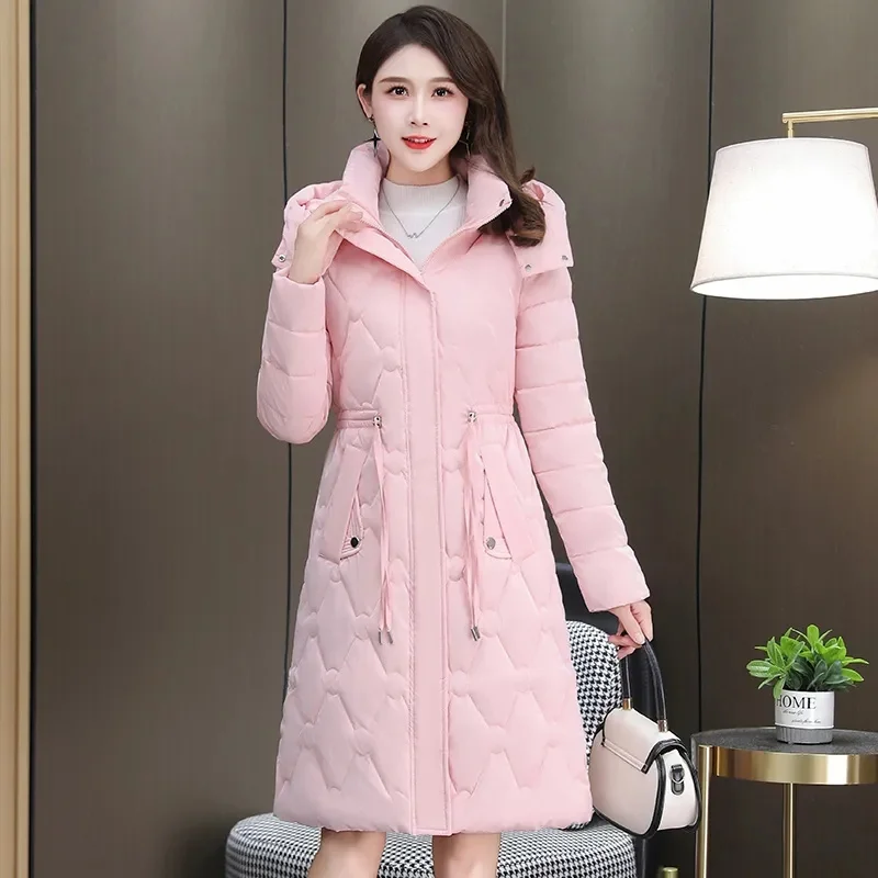 Down Cotton Jacket For Women Long Glossy Cotton Jacket With a Waistband And Slimming 2024 New Winter Thicken Jacket Parka Hooded