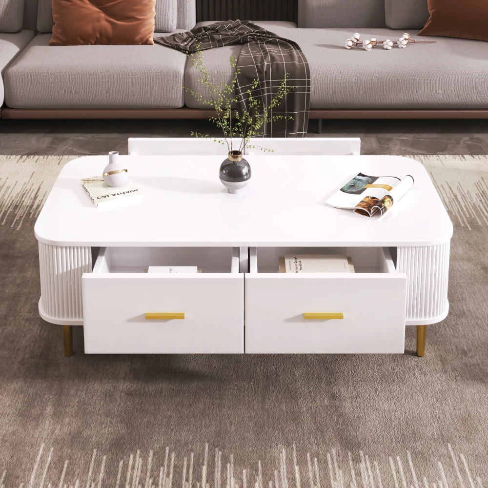 Gebogener Eck-Wohnzimmertisch, goldene Hardware, gewellte Seiten, Doppelfunktions-Couchtisch und Beistelltisch mit Schubladen – Detail 2