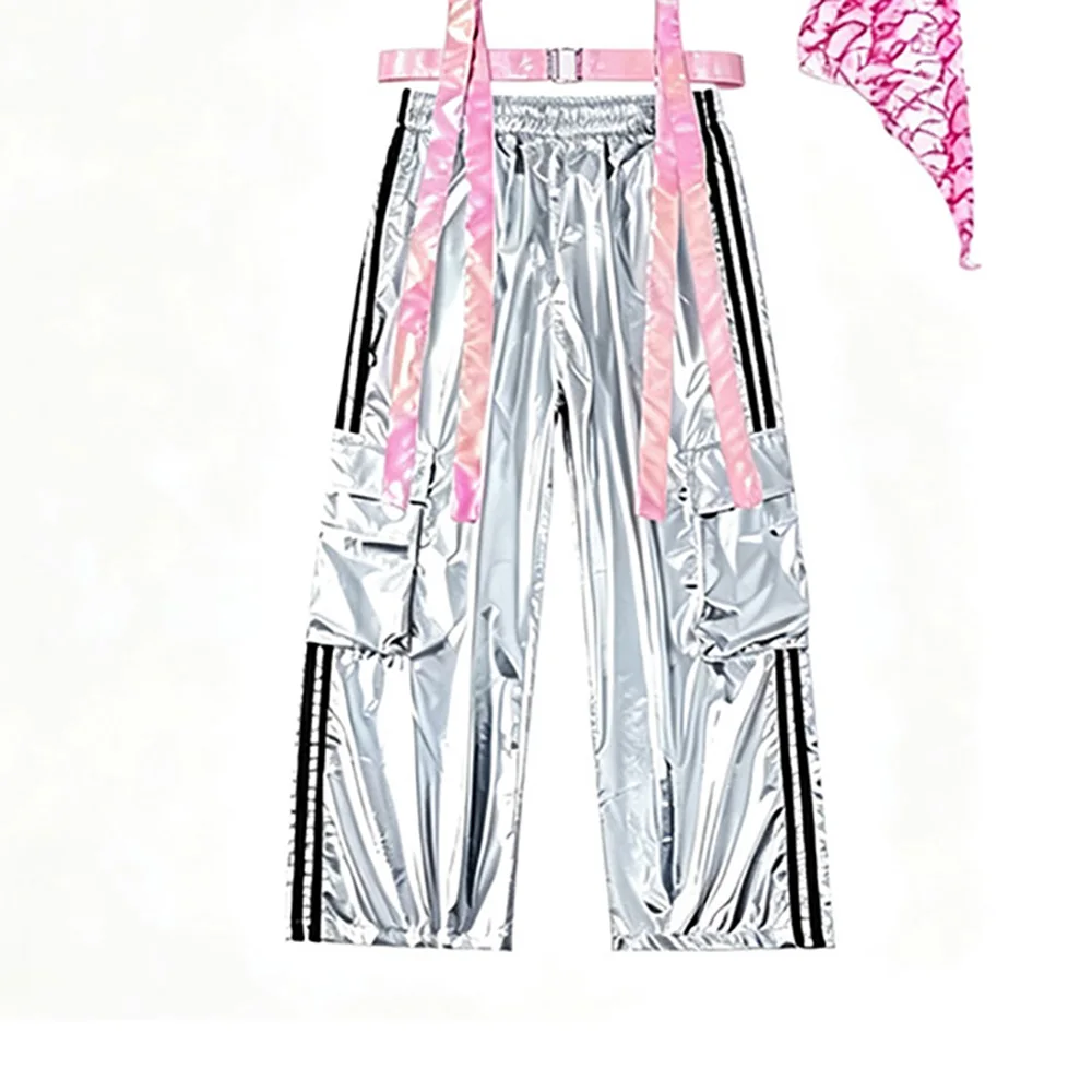 Kids Street Dance Jazz Performance Costumes Girls Hip Hop Clothes Fashion Catwalk Stage Shiny Sleeveless Crop Top+Long Pant Suit