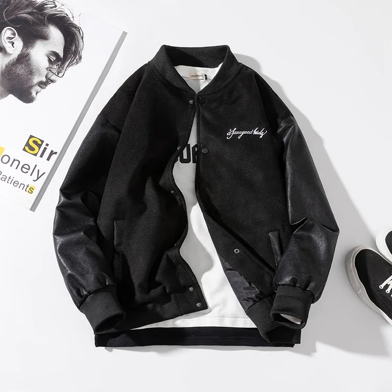 YASUGUOJI Fashion Patch Leather Patchwork Baseball Jacket Men Coats Autumn Baggy All-match College Style Bomber Jackets Couple
