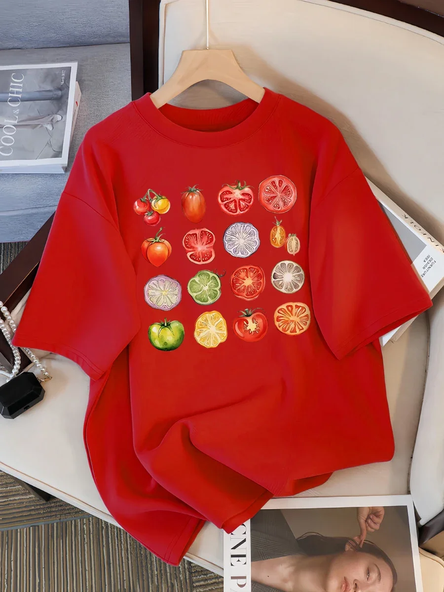 Camiseta con gráfico de colección de variedades de tomate para mujer, ropa de moda de verano, camisetas informales de manga corta de calle de algodón de Hip Hop