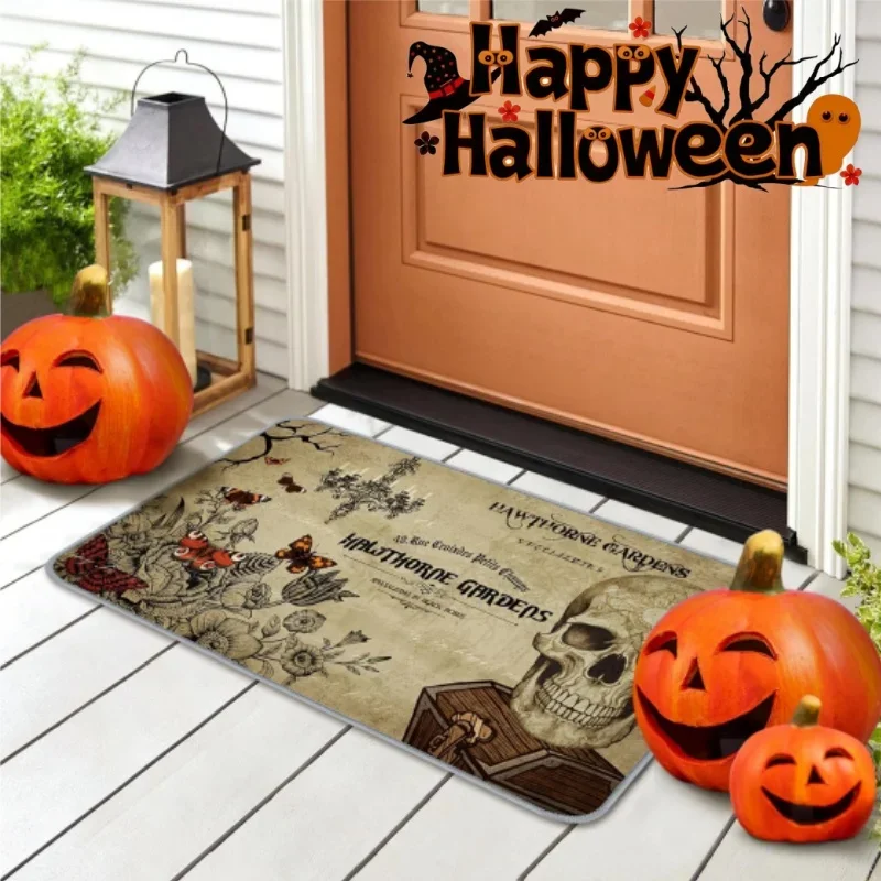 1-2PCS Halloween Gothic Rug Witch Skeleton  Print Floor Mat Non Slip Waterproof for Bathroom Kitchen Doorway Use