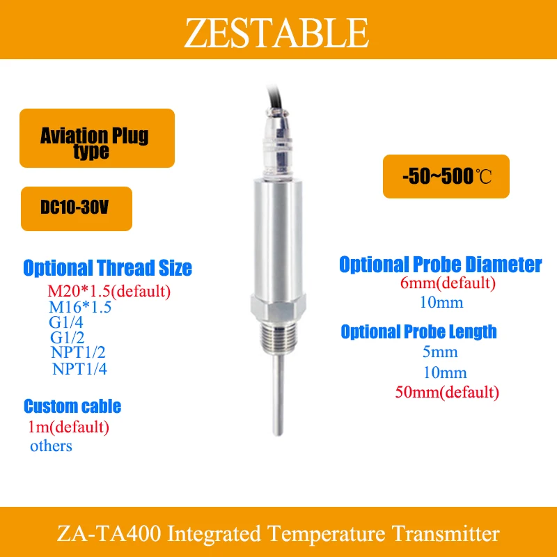 Temperature Transmitter Aviation Type PT100 -50~500℃ 1m cable  4-20mA Output 50x6mm with M20*1.5 Thread Size Plunger Probe