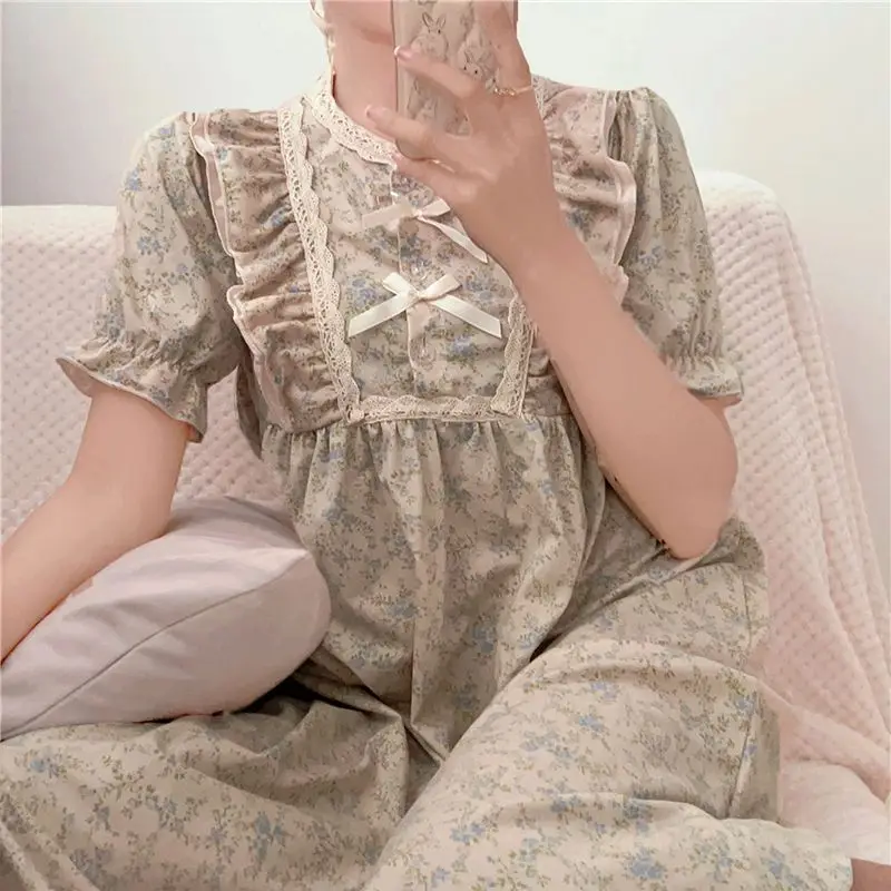 Floral Print Sleepwear Womens Vintage Nightgown Korean Ruffles Short Sleeve Night Dress One Piece Pajama Summer Lace Home Wear