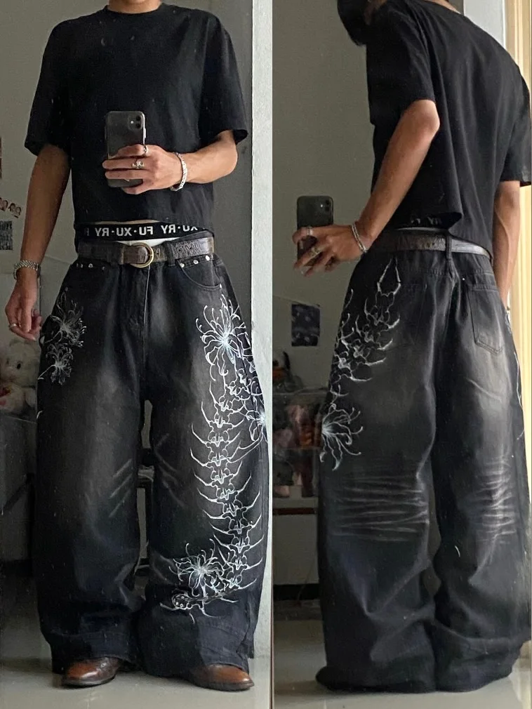 Y2K Vintage Gothic High Street Denim Black Wash Gradient Spine Spider Lily Print Wide Leg Jeans