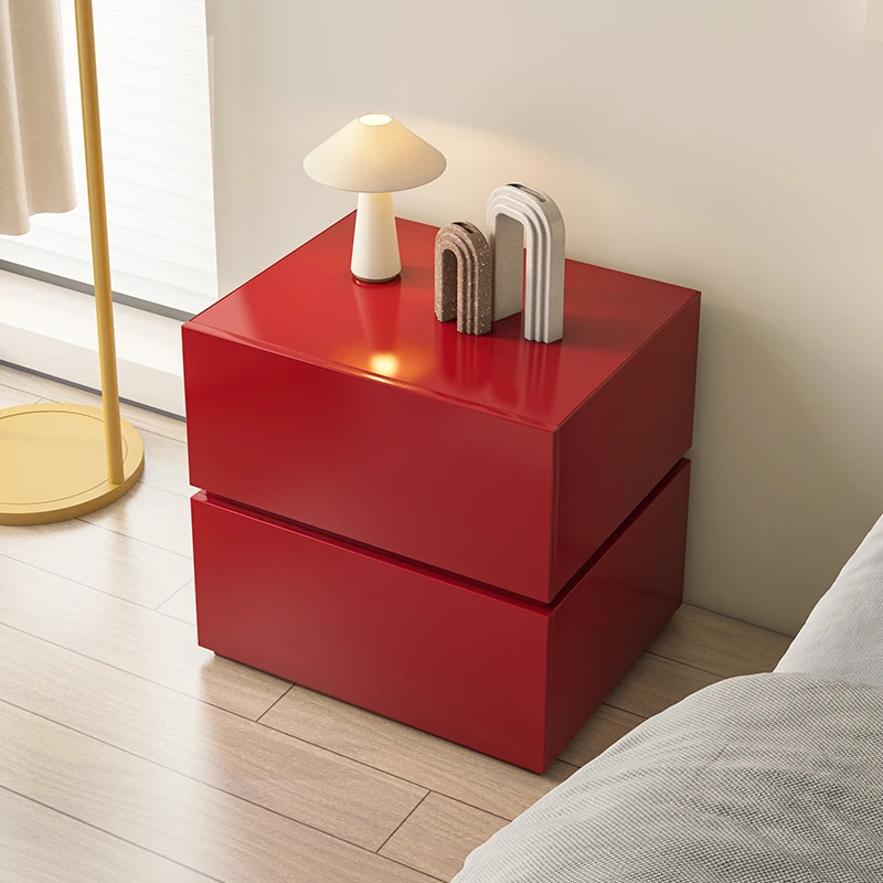 Designer solid wood bedside table retro red minimalist creative bedroom paint high sense modern minimalist bedside cabinet