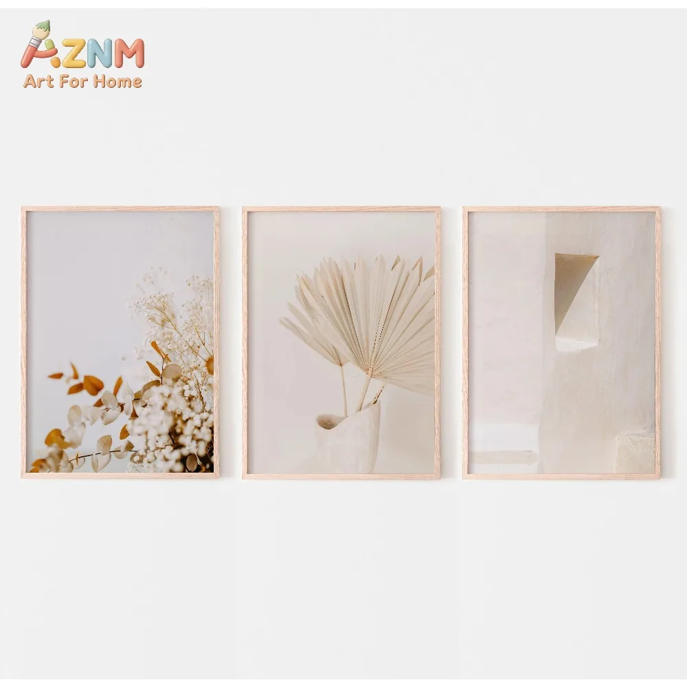 AZNM 3Pcs Neutral Dried Floral Palm Leaf Canvas Wall Art, Boho Beige Botanical Architecture Print Frameless Canvas Painting,