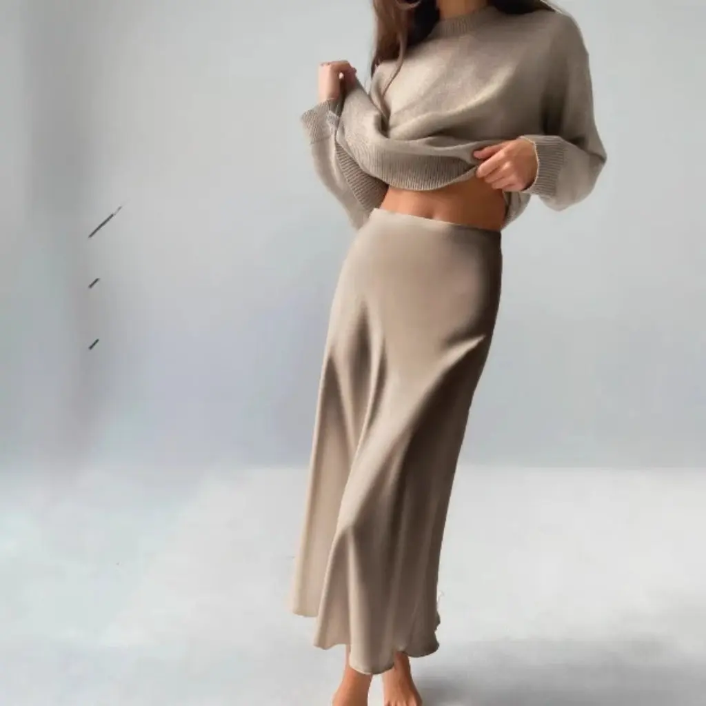 

WB Silk Atlass Midi Skirt Women's Fashion Elegant Mid-Length Gown for Ladies