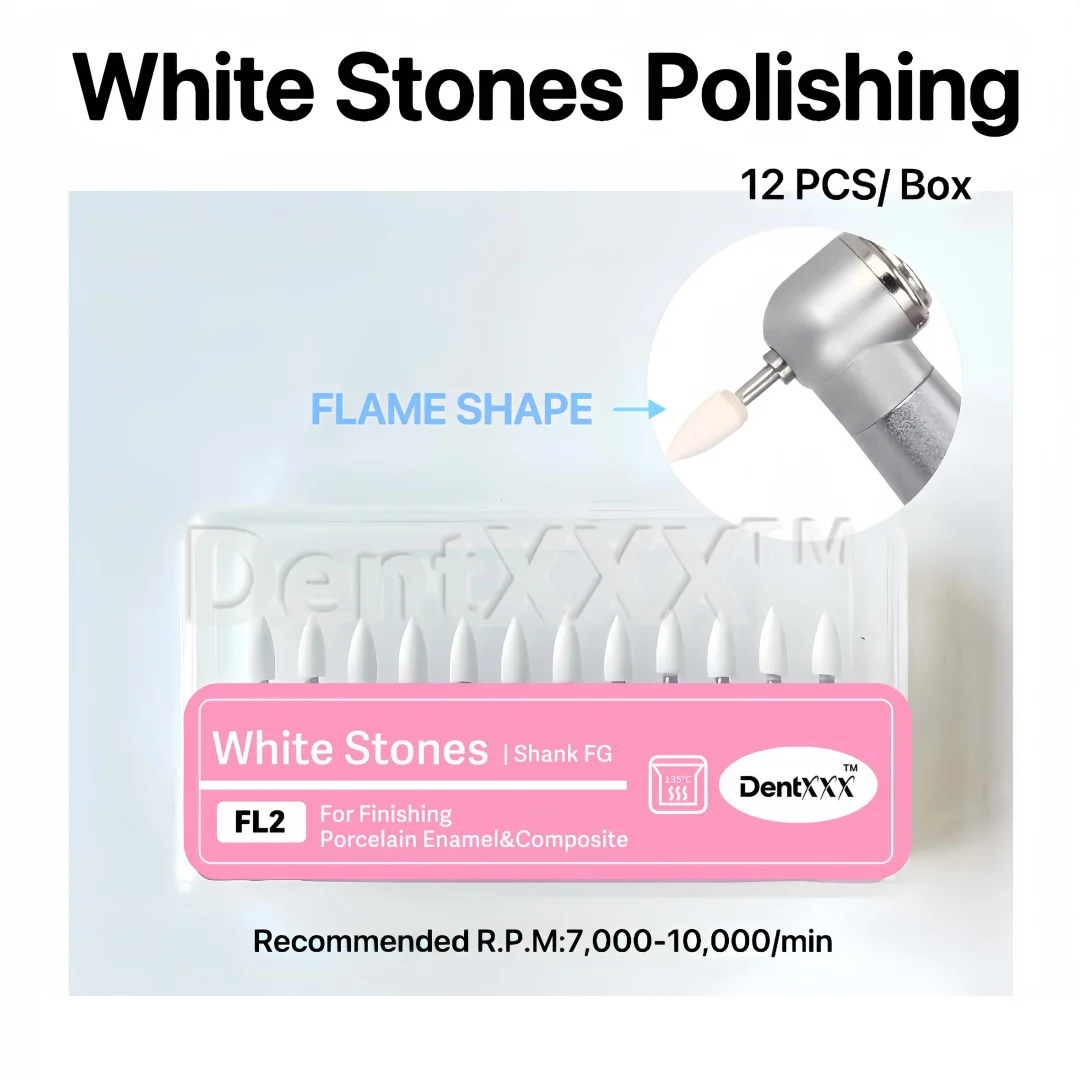 12Pcs/Box White Stone Polishing Fg Burs, Polishing Kit, Cone/Flame/Round Shape Abrasion Bur Fit for High Speed Tools 1.6mm