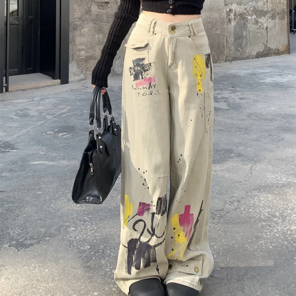 

Women's Graffiti print Design Jeans American Vintage High Waisted Cool Girl Pants Female Straight Wide Leg Denim Trousers